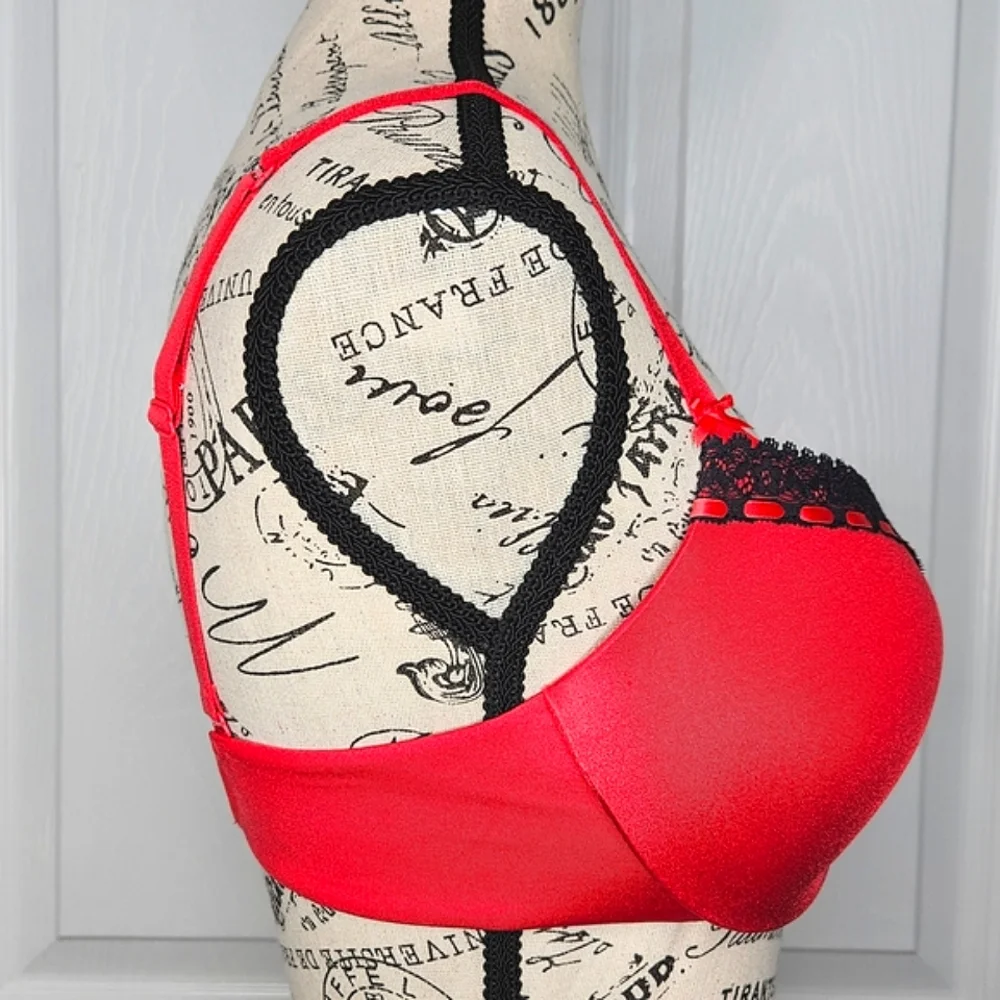 La SENZA 32DD Red Black Lace Plunge Bra Molded Cup Underwire Sexy Lingerie - Picture 10 of 15